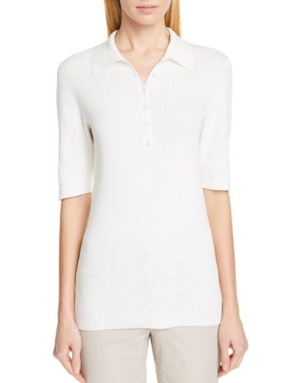 Women's Lafayette 148 New York Rib Knit Polo Sweater, Size Large - White